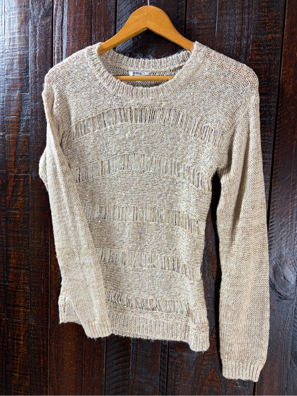 Buffalo David Bitton Beige Open-Weave Shimmer Sweater